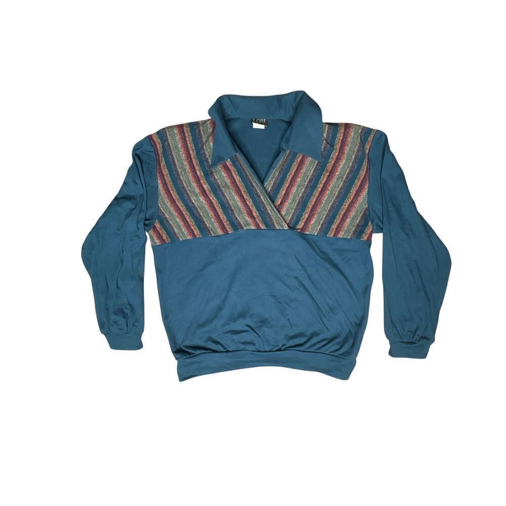 Vintage Lori of California Polo Sweatshirt Women’s M Blue Stripe 80s USA